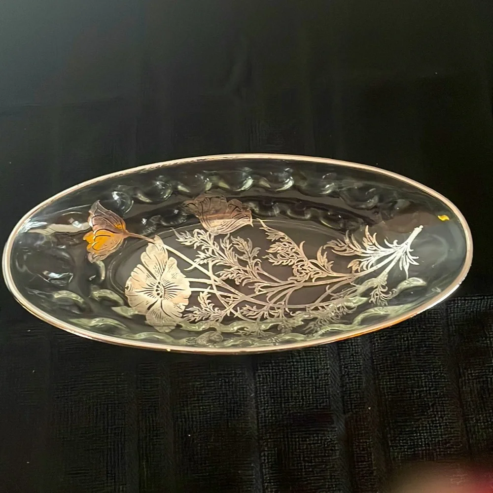 Sterling Overlay Flanders Poppy Pattern Glass Relish Tray; Silver City Cambridge